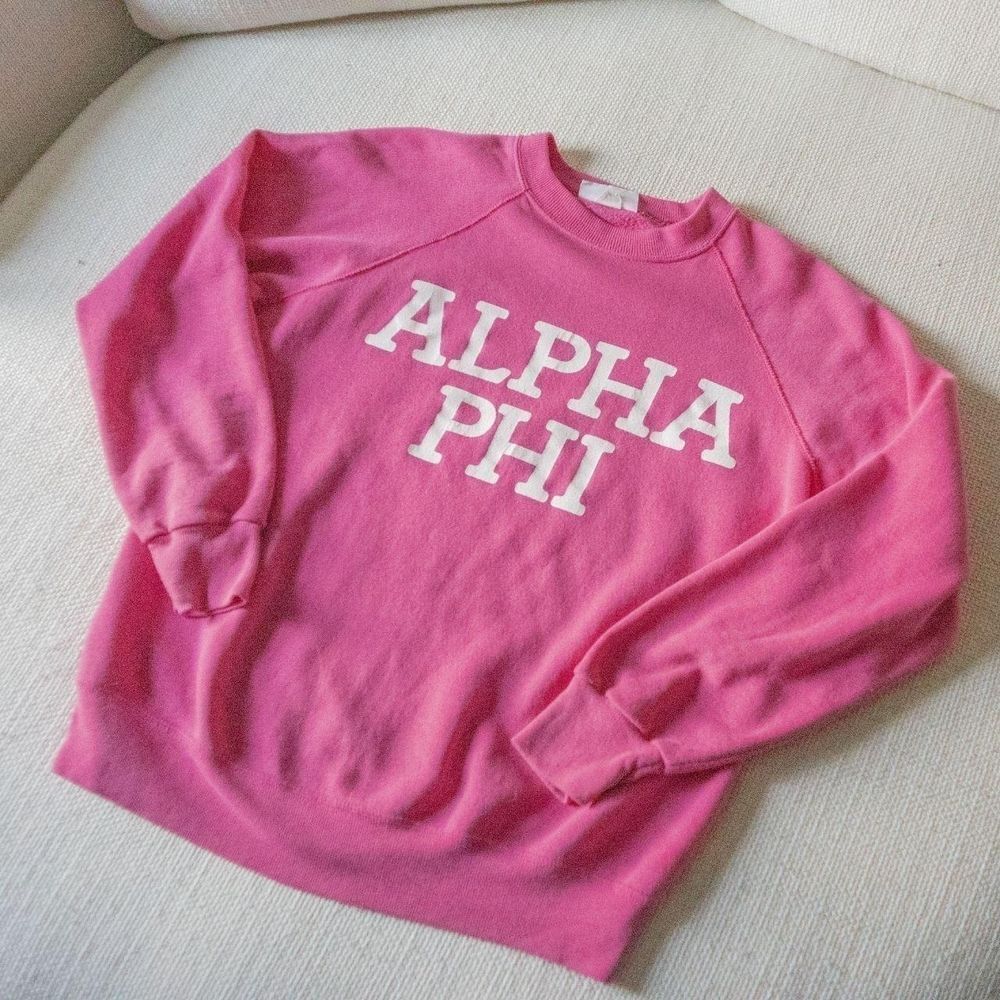 Vintage 70s Preppy Sorority Alpha Phi Pink College Pullover Crew Neck Sweatshirt